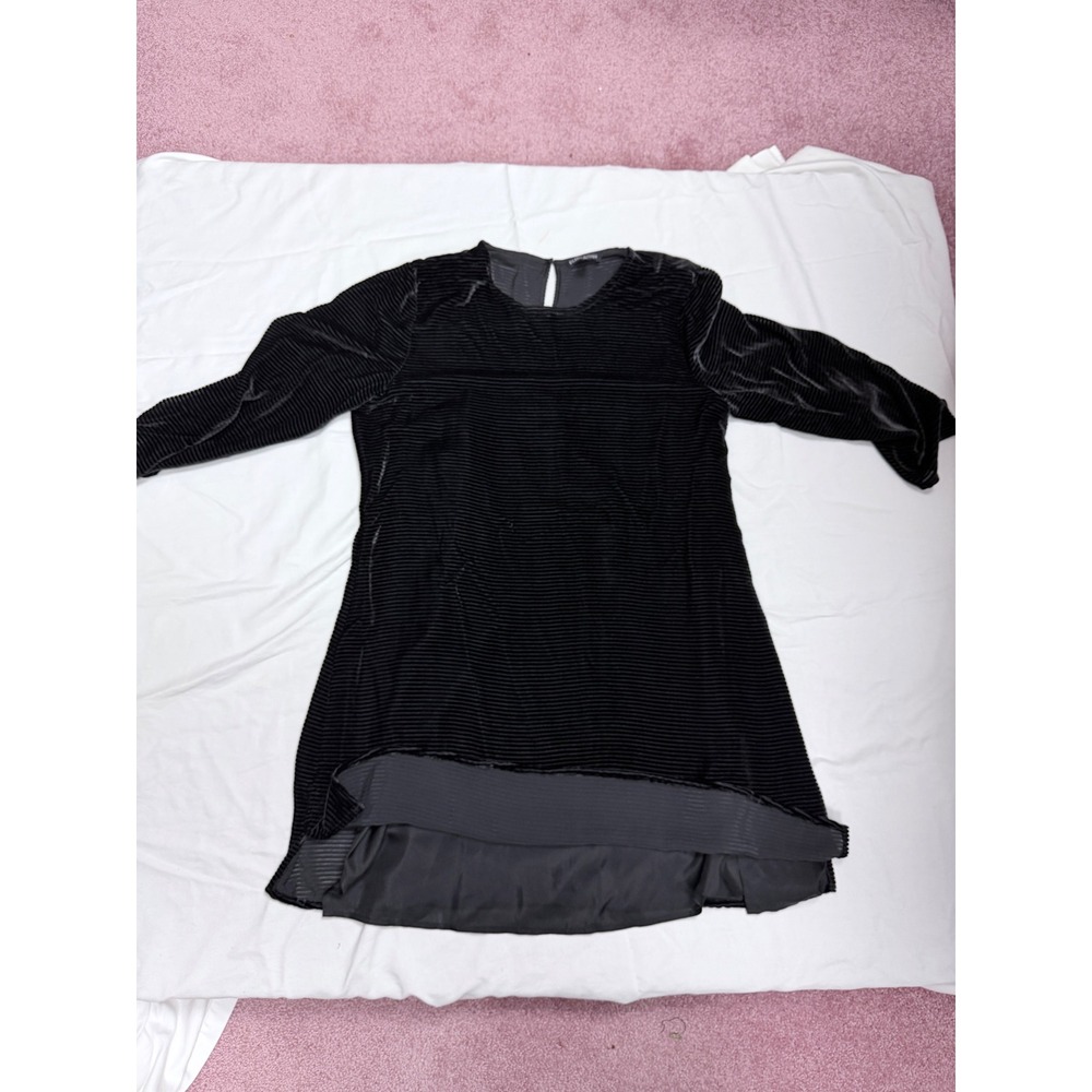 Eileen Fisher Black Ribbed Velvet Shift Dress 3/4 Sleeve Small